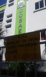Trabajadores de COBAEV a través de mantas y carteles reclaman a las autoridades cumplimiento de prestaciones. 