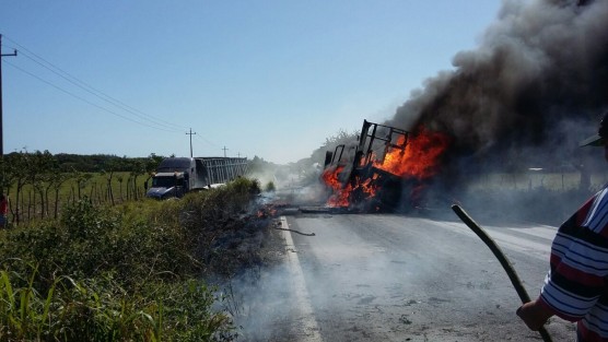 Dos personas murieron calcinadas en un accidente entre dos camiones de carga en la carretera Nautla - Vega de Alatorre, en el tramo conocido como Rancho El Callejón.  