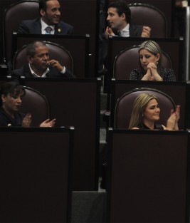 Panistas aplauden que se haya aprobado el dictamen. 