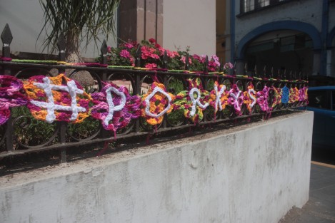 Con la fiebre de los textiles que se vivió este fin de semana en Xalapa, a alguien se le ocurrió realizar tejido crochet con el tema #porkys,y colocarlo en la jardinera de la sucursal BANAMEX del centro de Xalapa. 