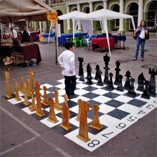 Entre las actividades que se realizan en el Festival Cultural del Día Internacional del Libro Xalapa 2017, en la Plaza Lerdo, se realizan juegos de ajedrez. 