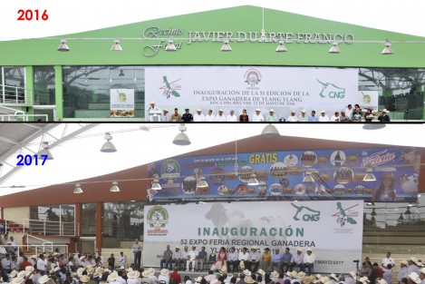  El nombre del auditorio de la asociación ganadera de Veracruz, que en el sexenio anterior se llamó Javier Duarte Franco en honor al padre del exmandatario, fue cubierto en esta ocasión con una lona.