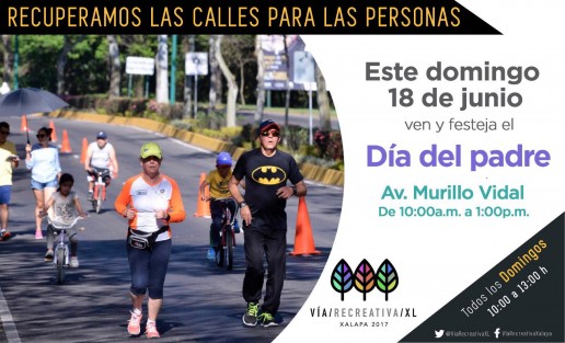 Este domingo 18 de junio, el Ayuntamiento de Xalapa, en colaboración con la sociedad civil, ha programado una serie de actividades especiales para conmemorar el Día del Padre en la #VíaRecreativaXL, que permanecerá abierta de las 10:00 a las 13:00 horas, ocupando dos carriles de Murillo Vidal.
