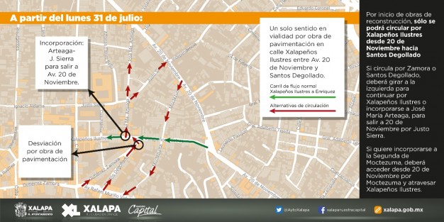 Por obras, a partir de este lunes la avenida Xalapeños Ilustres se cerrará a la circulación en el carril que va de Santos Degollado a 20 de Noviembre. 