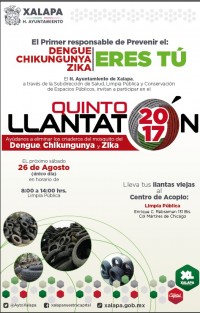 Para prevenir la proliferación de los mosquitos transmisores del dengue, chikungunya y zika, el Ayuntamiento de Xalapa, a través de las subdirecciones de Salud, Limpia Pública y Conservación de Espacios Públicos, invita a toda la población a participar en el quinto Llantatón 2017, que se celebrará este sábado 26 de agosto. 