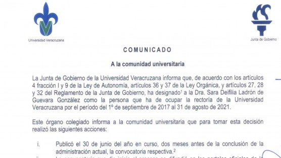 Habemus Sarita para los próximos 4 años.  La Junta de Gobierno de la UV ha designado a Sara Ladrón de Guevara para repetir en el cargo de rectora de la Universidad Veracruzana. 