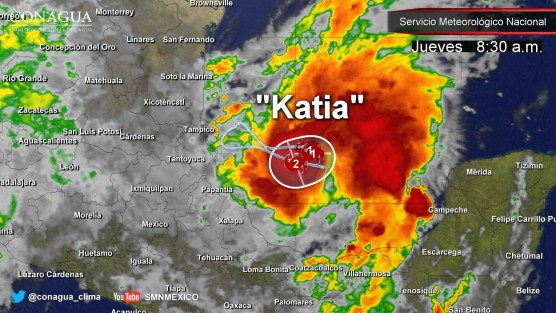 El huracán Katia se ha estacionado, su centro fue ubicado a las 7:00 horas de hoy aproximadamente a 315 km al NNE del puerto de Veracruz con vientos máximos sostenidos de 130 km/h. Se prevé alcance la categoría de Huracán DOS en el transcurso de mañana viernes 8 de septiembre.