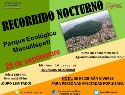 Este viernes 29, población xalapeña y visitantes podrán conocer la diversidad animal y vegetal que habita el Parque Ecológico Macuiltépetl, en un recorrido nocturno, y solidarizarse con las personas damnificadas por los sismos recientes.