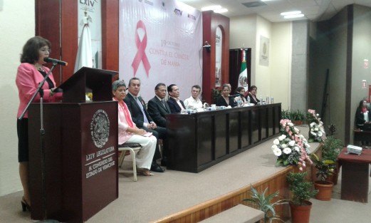 En la Jornada Académica en Conmemoración al Día Internacional en la Lucha Contra el Cáncer de Mama, participaron la diputada Dulce María García López, la Directora de Salud Pública de los Servicios de Salud de Veracruz, Margarita Blanco Cornejo; la Subdirectora de Servicios Médicos Asistenciales del Sistema para el Desarrollo Integral de la Familia (DIF) Veracruz, Lorien Arrington Báez y el Delegado del IMSS Veracruz, zona norte, Antonio Benítez Lucho.
