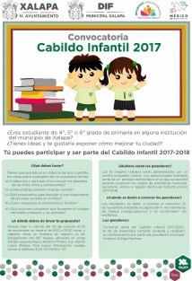 El Sistema Municipal para el Desarrollo Integral de la Familia recuerda a todos los niños y niñas de cuarto, quinto o sexto grado de primaria que estudian en alguna institución del municipio de Xalapa, que tienen hasta el 3 de noviembre para optar a una posición en el Cabildo Infantil 2017 y mejorar su ciudad. 