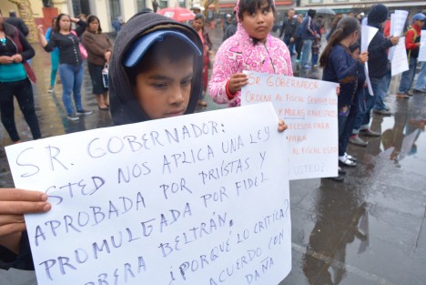 Familias del municipio de Acajete se manifestaron esta mañana en Plaza Lerdo acompañados de sus hijos, ya que en días pasados les decomisaron bestias y madera de la labor con la cual subsisten.
