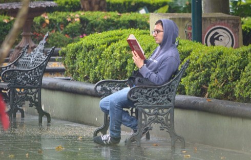 La llovizna de esta mañana, así como la baja temperatura, no fueron obstáculo para que este joven disfrutara de su lectura en una banca del parque Juárez. Ocasionalmente secaba las hojas mojadas de su libro para continuar leyendo.