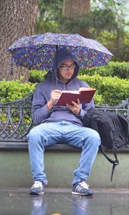 La llovizna de esta mañana, así como la baja temperatura, no fueron obstáculo para que este joven disfrutara de su lectura en una banca del parque Juárez. Ocasionalmente secaba las hojas mojadas de su libro para continuar leyendo.