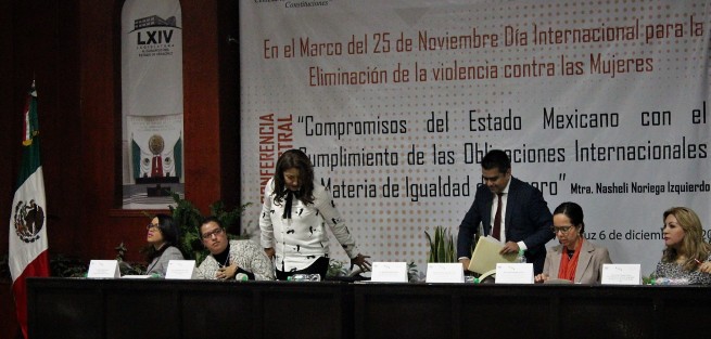 En el auditorio del Congreso se impartió la conferencia magistral: Compromisos del Estado Mexicano con el cumplimiento de las obligaciones internacionales en materia de igualdad de género, impartida por la maestra Nasheli Noriega Izquierdo. 