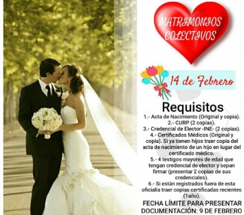 Intensifican invitación para bodas colectivas para el próximo 14 de febrero.
