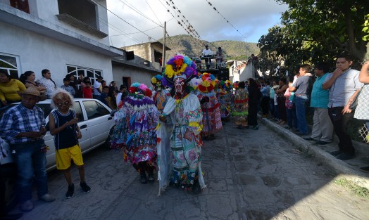 Vestidos de trajes multicolores, máscaras de toro y de algunos personajes modernos los danzantes recorren el poblado tras una camioneta llena de bocinas de la cual proviene música de todo tipo, que hace bailar a más de uno.
