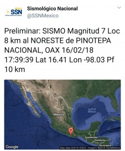 Tiembla en Oaxaca; el Sistema Sismológico Nacional informa que tuvo su epicentro en Pinoteca Nacional, Oaxaca, y una magnitud de 7.2 grados.  Hasta las 18:00 horas no se reportan daños. 