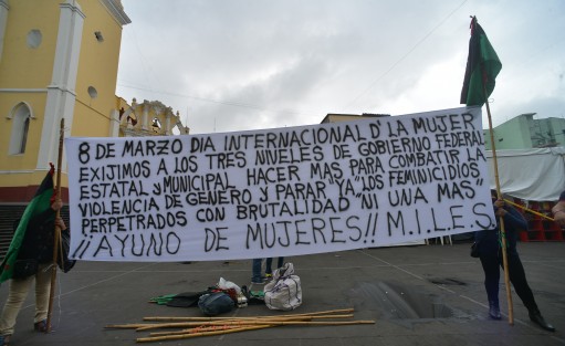 Mujeres presuntamente vendedoras informales, encabezadas por el líder de la organización MILES, se manifestaron en la Plaza Lerdo con un ayuno en demanda de respeto a las mujeres y un alto a los feminicidios. 