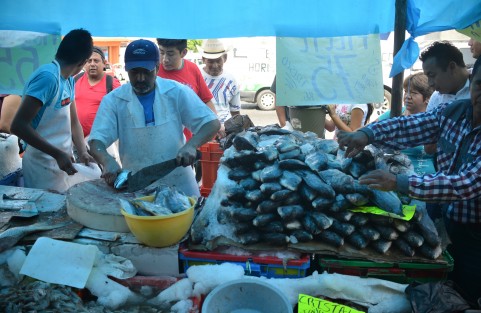 Con productos que van desde 50 hasta los 300 pesos, comerciantes de las pescaderías de La Rotonda  sacan sus puestos para cubrir la demanda de productos del mar que en  estos días se consumen un poco más.