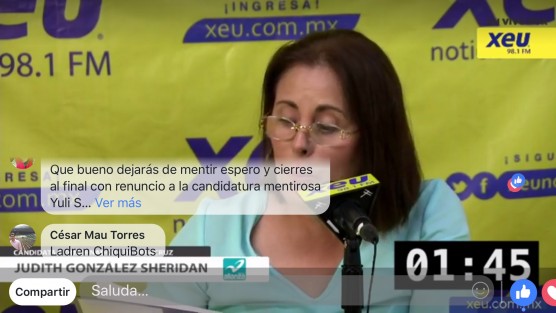 La candidata del PANAL al Gobierno del Estado, mi July Sheridan, se concretó en la mala lectura de su carpeta durante el debate en radiodifusora, con ataques a MORENA en general, más que al candidato de ese partido. Uno que otro rozón a Yunes Márquez, no sea  que se piense que está de títere. 