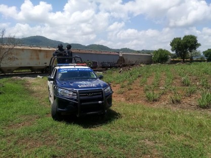 Decenas de elementos de Seguridad Pública, IPAX, Semar y Sedena recorren la zona luego de que un grupo de asaltatrenes paralizaran el ferrocarril intermodal cargado de chatarra, en Atoyac, a la altura de las colonias Canal y Trasbordo. 
