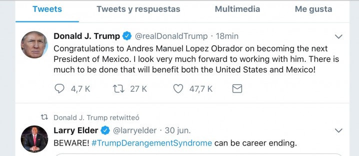 Donald Trump felicitó por Twitter a quien sería e próximo presidente de México.