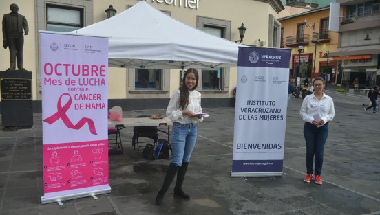 Personal del Instituto Veracruzano de la Mujer repartió folletos y listones en plaza Lerdo con motivo  del Día de la lucha contra el cáncer de mama. 