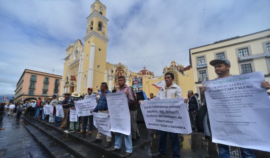 Integrantes del Consejo Regional del Café de Coatepec se manifestaron en plaza Lerdo para exigirle a los nuevos gobiernos federal y estatal, diálogo, y así tomar medidas para enfrentar los problemas por los precios tan bajos que se le pagan al sector. 
