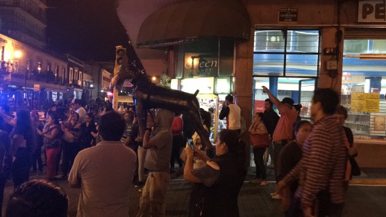 Agremiados al Frente de Defensa Popular se manifestaron contra Yunes Linares con una piñata de perro con hueso y un ataud. Gritando consignas contra el gobernador saliente ingresaron a la avenida Enríquez, en donde quemaron sus piñatas. 