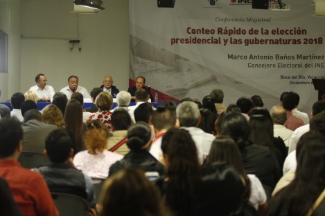 Marco Antonio Baños Martínez, consejero del INE, ofreció la conferencia magistral Conteo Rápido de la Elección Presidencial y Gubernaturas 2018. El evento tuvo lugar en el auditorio de la USBI y asistieron funcionarios del INE y del OPLE.