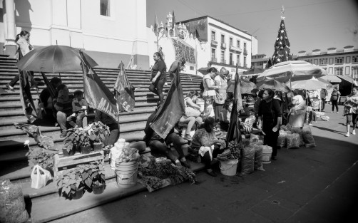 Comerciantes ambulantes pertenecientes a la organización MILES se manifestaron y vendieron su mercancía en las escalinata de catedral, en protesta por la falta de espacios en pleno centro de la ciudad, donde vender sus productos. 