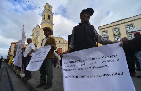 Productores de café de Veracruz, Oaxaca y Chiapas, con lonas y pancartas se manifestaron en plaza Lerdo  por el apoyo que el gobierno Federal le está dando a empresas transnacionales y sobreproducción del café robusta.