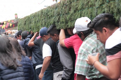 Un monumental arco con un peso de más de 3 toneladas es llevado por más de 60 hombres hasta la entrada de la iglesia de la Asunción.