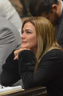 Diputada Josefina Gamboa contemplando al fiscal durante su comparecencia. 