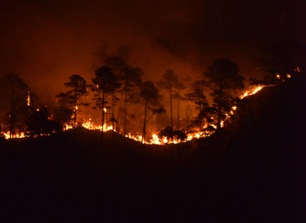 Por la noche todavía se apreciaba el fuego en los cerros que conforman parte del territorio del municipio de Las Vigas.