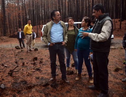 El mandatario estatal supervisó los trabajos que se realizarán para la reforestación de las más de 850 hectáreas afectadas. Autoridades de la CONAFOR y SEDEMA explicaron al gobernador las acciones a realizar.  
