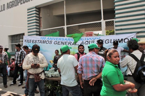 Productores de la región afiliados a la UNTA, se manifiestan afuera de las oficinas SEDARPA en Xalapa con venta de productos, en demanda de que sean reconocidos como productores para poder acceder apoyos de los diferentes programas.