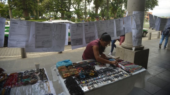 Después de manifestarse en las oficinas del Alcalde de Xalapa, integrantes de la organización VIVE se colocaron en la entrada principal del Palacio Municipal a vender sus productos en forma de protesta.  