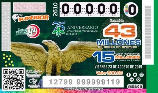 La Lotería Nacional dedicó billete al 75 aniversario de la Universidad Veracruzana. El sorteo se llevará a cabo el 23 de agosto, tendrá una bolsa total de 43 millones 275 mil 600 pesos, y ofrecerá un total de 12 mil 896 premios y reintegros.
