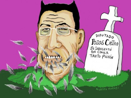 Al pozo te podrías ir / la calaca amenazó a José Manuel / tanto pichón comido / y sin poder repetir.  