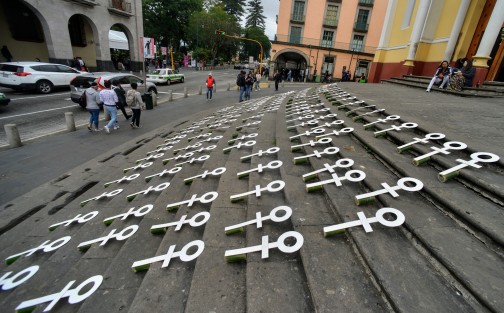 La activista Miriam Lagunes Marín, en compañía de Arely Hernández Alvarado, instalaron 150 cruces en las escalinatas de la catedral de Xalapa, como protesta por cada mujer muerta por violencia en Veracruz desde noviembre de 2018. 