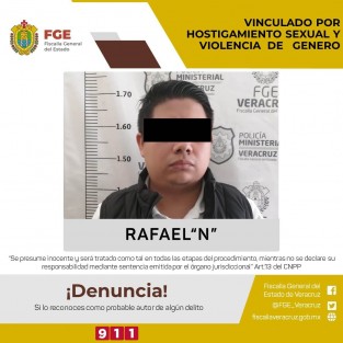 La Policía Ministerial ejecutó una orden de aprehensión en contra de Rafael N por su presunta responsabilidad del delito de hostigamiento sexual y violencia de género en su modalidad de psicológica en agravio de una víctima de identidad resguardada. 
