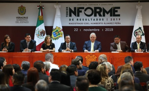 Con la asistencia de el Gobernador del Estado, Cuitláhuac García; y el diputado presidente de la Mesa directiva del Congreso del Estado, Rubén Ríos Uribe, el magistrado presidente del Poder Judicial, Edel Álvarez Peña, presentó su Tercer Informe de Resultados, al frente de ese poder.