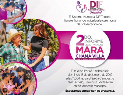 La Presidenta del DIF Municipal Teocelo, Ver., Mara Chama Villa, presentará su 2do Informe de Actividades, el próximo 15 de diciembre. 