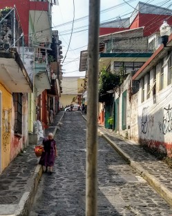 Una mujer de la tercera edad baja el callejón de Milán, donde regularmente ofrece sus productos para ganar su sustento.  