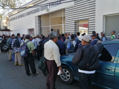 Productores de naranja del municipio de Papantla se manifestaron en la las oficinas de la SEDARPA, solicitando al titular de la dependencia, Eduardo Cadena Cerón, los incluya en el apoyo del <em>Seguro Catastrófico</em>, ya que por la sequía del año pasado fueron afectadas 26 mil has. de naranja, manifestó el comisariado ejidal de Agua Dulce, Amitai Martínez Cruz.