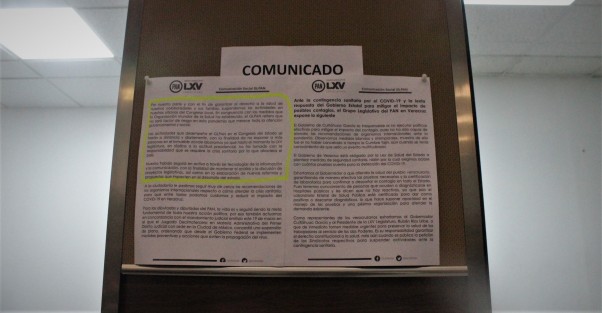 Panistas informan en comunicado que dejarán de atender en el Palacio Legislativo pues se van de cuarentena. 