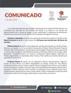 A través de un comunicado CMAS Xalapa informa que a partir de este mes habrá cambio en el calendario de tandeos, destacando que en los Macrosectores ahora la distribución será de 48 horas con servicio por 48 sin el mismo. Esto debido a los bajos niveles de las fuentes de suministro. 