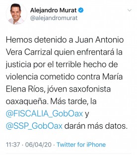 Este lunes fue detenido el ex diputado y empresario Juan N, presunto autor intelectual del ataque con ácido a la saxofonista María Elena Ríos Ortiz. Fue a través de su cuenta de Twitter que el gobernador  de Oaxaca, Alejandro Murat Hinojosa dio a conocer la detención.
