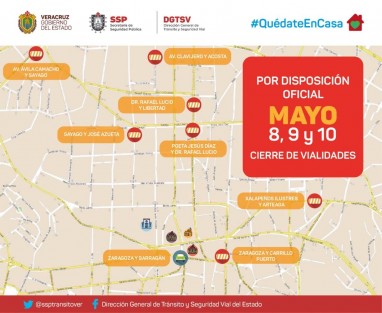 Para reducir la movilidad de la población, la SSP realizará cortes a la circulación vehicular en los municipios de Xalapa, Veracruz, Boca del Río, Poza Rica y Coatzacoalcos, los días 8, 9 y 10 de mayo.